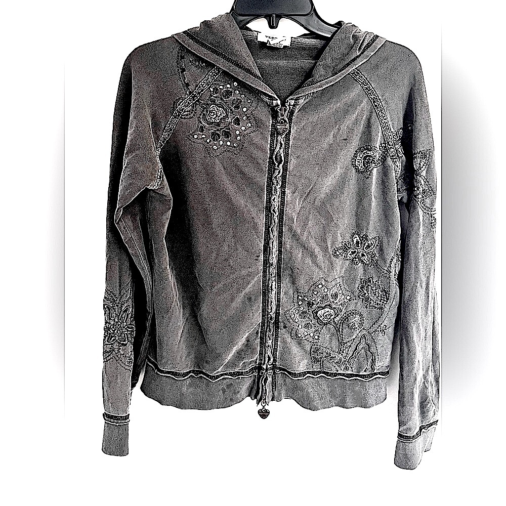 Vertigo Paris Embroidered Boho Grunge Gray Studded Hoodie - AS IS